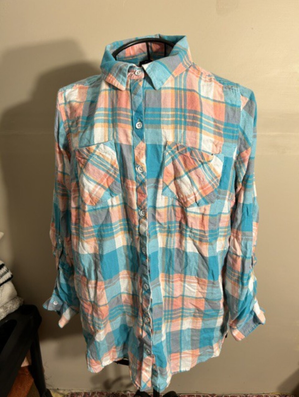 size 1x 1 x womens blue pink plaid gorpcore button shirt outdoor wear